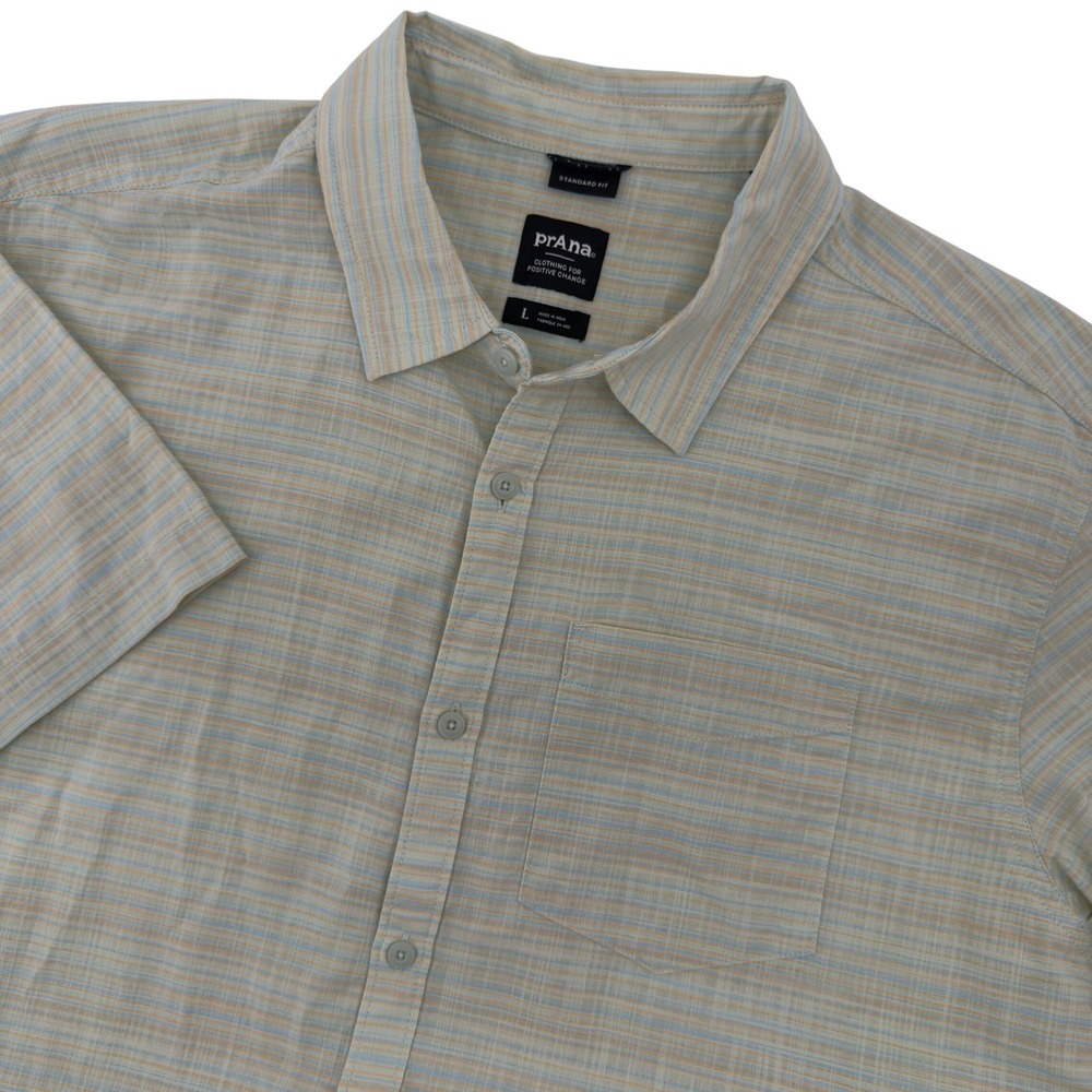 prAna Mens Large Short Sleeve Button Down Shirt Organic Cotton Blend Striped